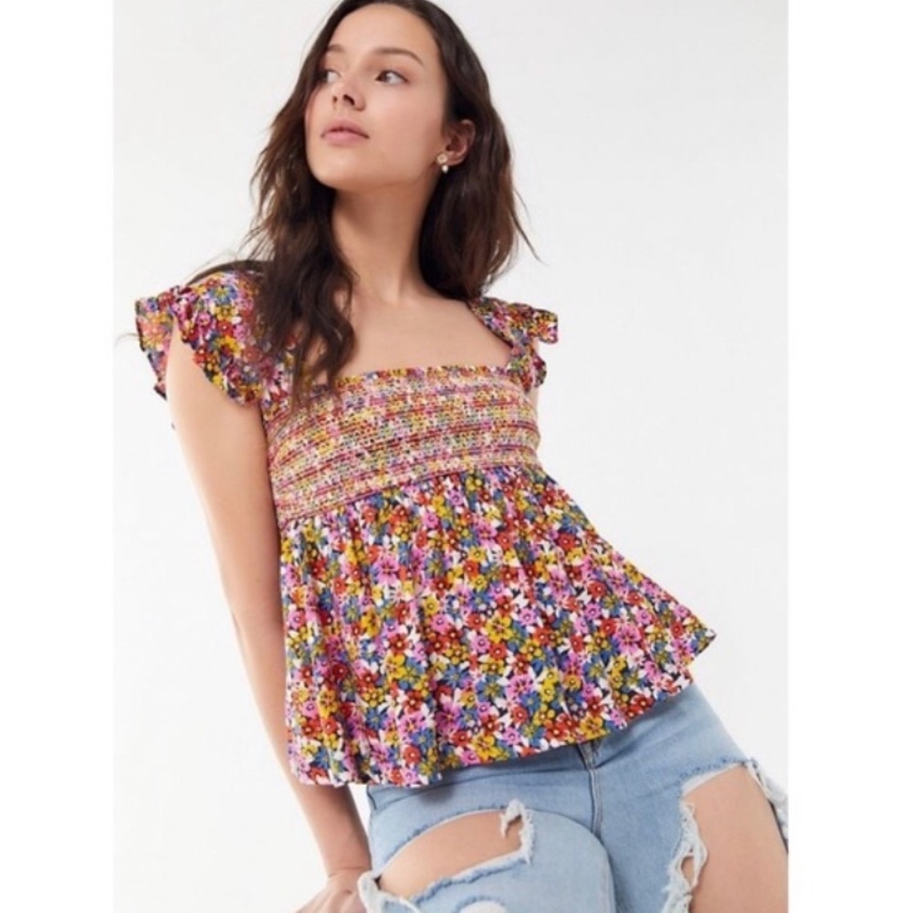 NWT UO Charlotte Smocked Ruffled Babydoll Top - Picture 1 of 10